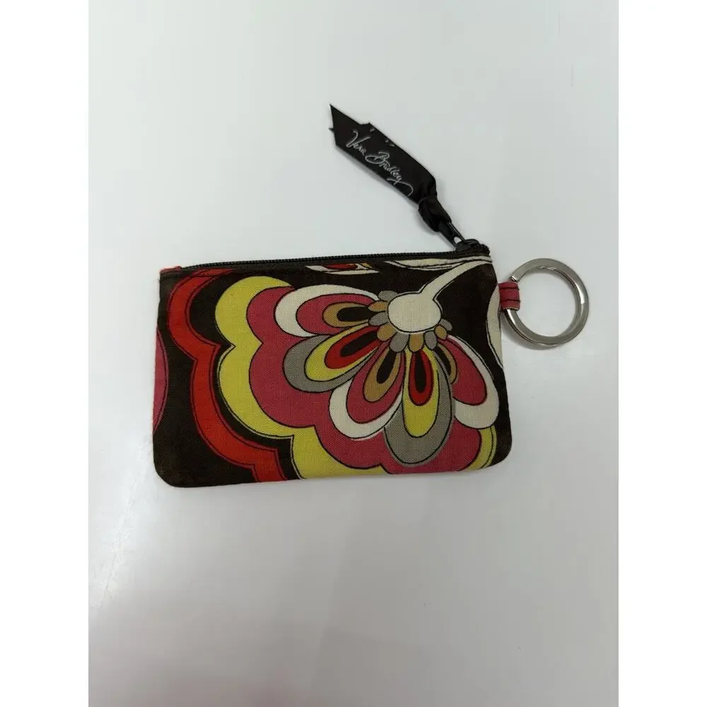 Vera Bradley Zip ID Wallet Brown Floral Rectangular Quilted Key Ring - Picture 3 of 8
